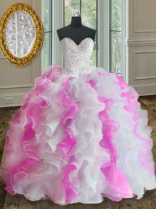 Affordable White and Pink Sleeveless Floor Length Beading and Ruffles Lace Up Sweet 16 Dress