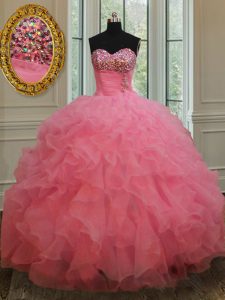 Wonderful Sweetheart Sleeveless Lace Up Sweet 16 Dresses Rose Pink Organza