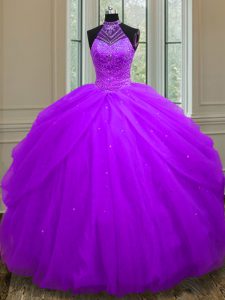 Halter Top Purple Tulle Lace Up Ball Gown Prom Dress Sleeveless Floor Length Beading and Sequins