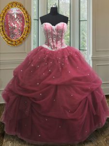 Sweetheart Sleeveless Quinceanera Gowns Floor Length Sequins and Pick Ups Burgundy Organza