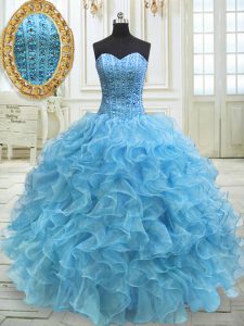 Designer Sleeveless Floor Length Beading and Ruffles Lace Up Quinceanera Dress with Baby Blue