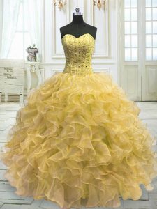 Noble Light Yellow Ball Gowns Organza Sweetheart Sleeveless Beading and Ruffles Floor Length Lace Up Vestidos de Quinceanera