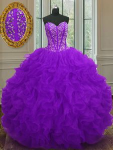 Sweet Purple Sleeveless Floor Length Beading and Ruffles Lace Up 15 Quinceanera Dress