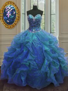 Nice Blue Lace Up Sweet 16 Dresses Beading and Ruffles Sleeveless Floor Length