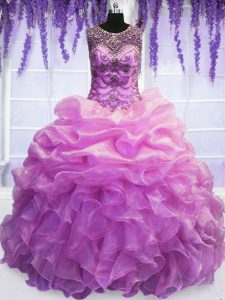 Scoop Pick Ups Lilac Sleeveless Organza Lace Up Quince Ball Gowns for Military Ball and Sweet 16 and Quinceanera