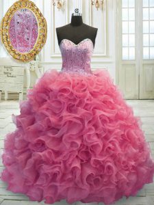 Rose Pink Sleeveless Mini Length Beading and Ruffles Lace Up Quinceanera Dress