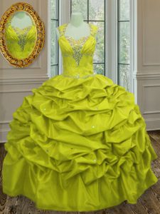 Discount Straps Beading and Pick Ups 15th Birthday Dress Yellow Green Lace Up Sleeveless Floor Length