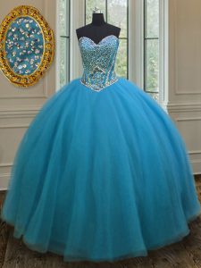 Teal Ball Gowns Tulle Sweetheart Sleeveless Beading Floor Length Lace Up 15th Birthday Dress