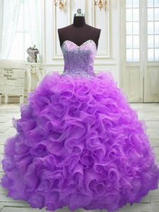 Purple Lace Up Vestidos de Quinceanera Beading and Ruffles Sleeveless Sweep Train