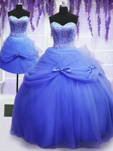 Eye-catching Three Piece Blue 15th Birthday Dress Military Ball and Sweet 16 and Quinceanera with Beading and Bowknot Sweetheart Sleeveless Lace Up