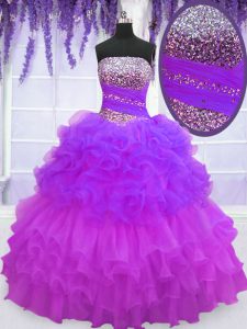 Clearance Multi-color Lace Up Strapless Beading and Ruffled Layers and Pick Ups 15th Birthday Dress Organza Sleeveless