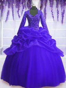 Smart Floor Length Royal Blue Quinceanera Dresses Organza Long Sleeves Sequins and Pick Ups