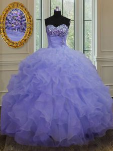 Lavender Quinceanera Gown Military Ball and Sweet 16 and Quinceanera with Beading and Ruffles Sweetheart Sleeveless Lace Up