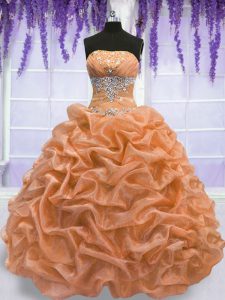 Organza Strapless Sleeveless Lace Up Beading Quinceanera Gown in Orange