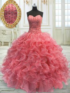 Cheap Watermelon Red Ball Gowns Organza Sweetheart Sleeveless Beading and Ruffles Floor Length Lace Up Quinceanera Gowns