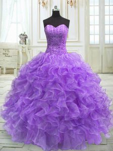 Lavender Ball Gowns Beading and Ruffles Quinceanera Gowns Lace Up Organza Sleeveless Floor Length
