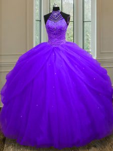 Halter Top Sleeveless Quinceanera Gown Floor Length Beading and Sequins Purple Tulle
