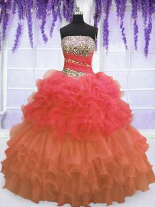 Multi-color Ball Gowns Strapless Sleeveless Organza Floor Length Lace Up Beading and Ruffled Layers and Pick Ups 15th Birthday Dress
