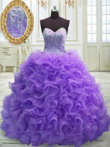 Sweetheart Sleeveless Organza Quinceanera Dresses Beading and Ruffles Sweep Train Lace Up