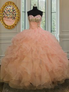 Custom Fit Peach Ball Gowns Organza Sweetheart Sleeveless Beading and Ruffles Floor Length Lace Up Quinceanera Gowns