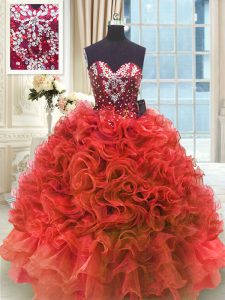 Admirable Sweetheart Sleeveless Quinceanera Dress Floor Length Beading and Ruffles Wine Red Organza