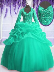 Cute Turquoise Ball Gowns Organza V-neck Long Sleeves Sequins and Pick Ups Floor Length Zipper Quinceanera Dress