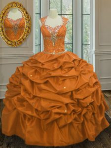 Pick Ups Floor Length Orange Vestidos de Quinceanera Straps Sleeveless Lace Up