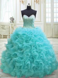 Most Popular Sleeveless Organza Sweep Train Lace Up Sweet 16 Dress in Aqua Blue with Beading and Ruffles