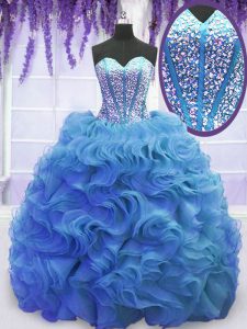 Customized Baby Blue Ball Gowns Organza Sweetheart Sleeveless Beading and Ruffles Lace Up Sweet 16 Dress Sweep Train