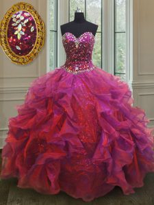 Fantastic Sleeveless Organza and Sequined Floor Length Lace Up Sweet 16 Dresses in Multi-color with Beading and Ruffles