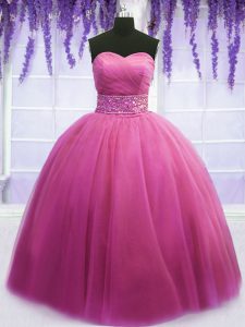Delicate Sleeveless Tulle Floor Length Lace Up Quinceanera Dresses in Rose Pink with Beading and Belt