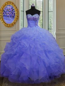 Purple Sleeveless Beading and Ruffles Floor Length Ball Gown Prom Dress
