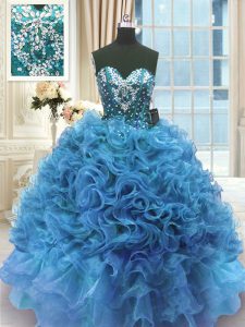 High Quality Organza Sweetheart Sleeveless Lace Up Beading and Ruffles Quinceanera Dresses in Blue