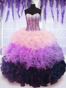 Custom Fit Ruffled Ball Gowns 15 Quinceanera Dress Multi-color Sweetheart Organza Sleeveless Floor Length Lace Up