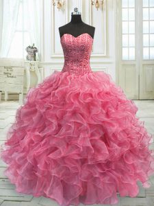 Unique Rose Pink Quinceanera Dresses Military Ball and Sweet 16 and Quinceanera with Beading and Ruffles Sweetheart Sleeveless Lace Up