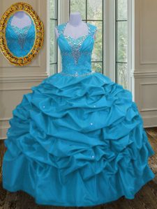 Sweet Straps Aqua Blue Ball Gowns Beading and Pick Ups Quinceanera Gown Lace Up Taffeta Sleeveless Floor Length