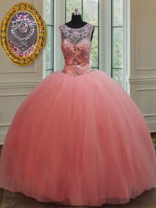 Glorious Scoop Sleeveless Tulle Floor Length Lace Up Quinceanera Dresses in Watermelon Red with Beading
