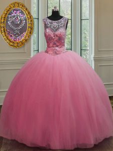 Sophisticated Scoop Floor Length Rose Pink Quinceanera Gown Tulle Sleeveless Beading