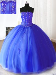 High End Royal Blue Ball Gowns Beading and Appliques Sweet 16 Dress Lace Up Tulle Sleeveless Floor Length