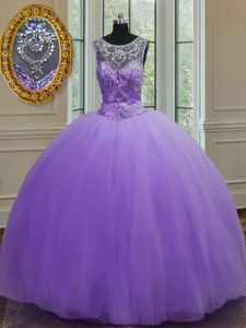 Super Lavender Ball Gowns Scoop Sleeveless Tulle Floor Length Lace Up Beading Quinceanera Dress