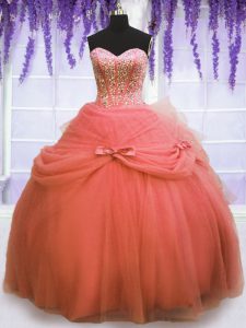 Deluxe Floor Length Watermelon Red Quinceanera Dresses Tulle Sleeveless Beading and Bowknot