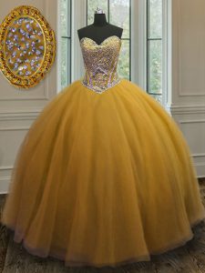 Flare Gold Ball Gowns Tulle Sweetheart Sleeveless Beading Floor Length Lace Up Sweet 16 Dresses