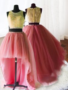 Fashionable Three Piece Scoop Watermelon Red Sleeveless Brush Train Beading and Lace and Ruffles With Train Vestidos de Quinceanera