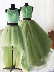 Great Three Piece Yellow Green Scoop Neckline Beading and Lace and Ruffles Quinceanera Dress Sleeveless Zipper