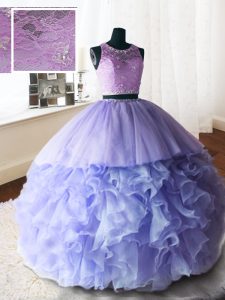 Dramatic Lavender Organza and Tulle and Lace Zipper Scoop Sleeveless With Train Quinceanera Gowns Brush Train Beading and Lace and Ruffles