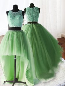 Three Piece Scoop Yellow Green Sleeveless Organza and Tulle and Lace Brush Train Zipper Sweet 16 Dress for Military Ball and Sweet 16 and Quinceanera