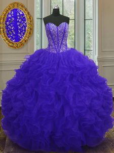High Quality Ball Gowns Quinceanera Dress Blue Sweetheart Organza Sleeveless Floor Length Zipper