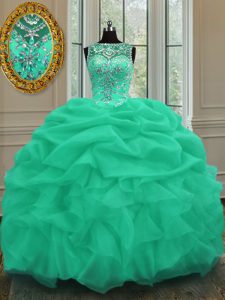 Scoop Sleeveless Organza Floor Length Lace Up Ball Gown Prom Dress in Apple Green with Beading and Pick Ups