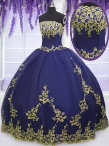 Classical Navy Blue Ball Gowns Appliques Quinceanera Gown Zipper Tulle Sleeveless Floor Length