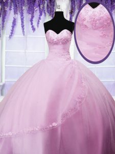 Baby Pink Ball Gowns Appliques Quinceanera Dresses Lace Up Tulle Sleeveless Floor Length